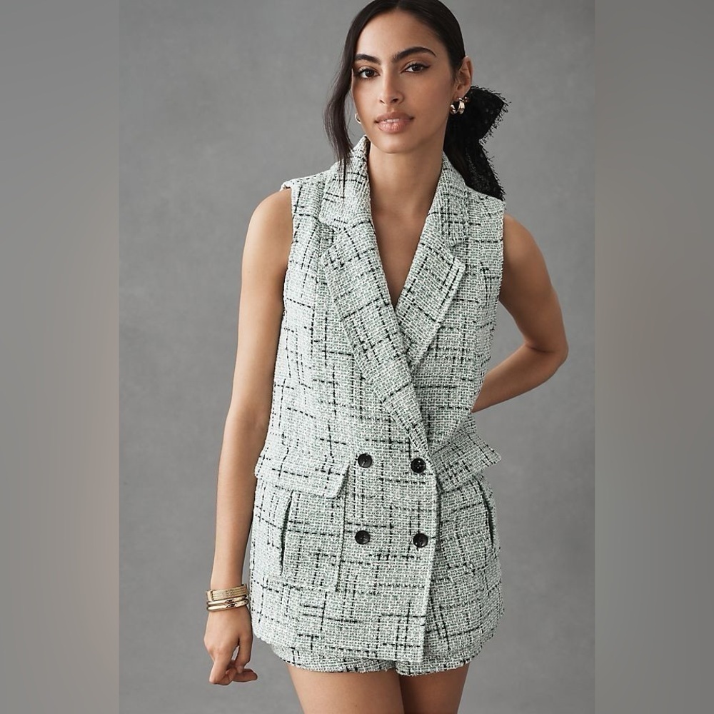 Anthropologie Maeve Green Tweed Double Breasted Blazer Vest Jacket Womens 6 New